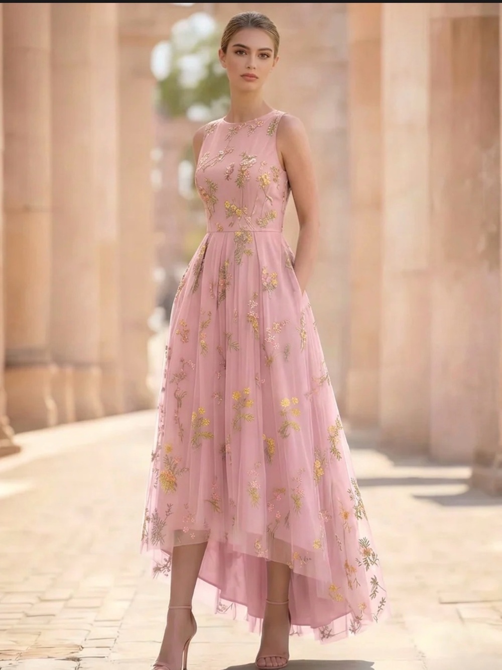 Sleeveless Pink Floral Embroidered Maxi Dress